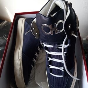 Salvatore Ferragamo Dark Blue and White High-Top Sneakers